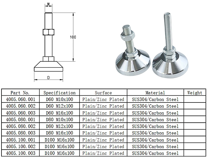 304 Stainless Steel M10 Furniture Adjustable Leg Levelling Feet